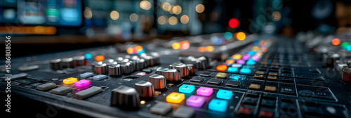 Switcher buttons in a television studio featuring an audio and video production switcher with a bokeh effect