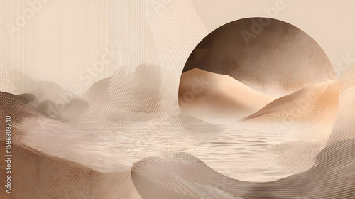 Circular composition of sun, waves, and sand drawn with geometric curves