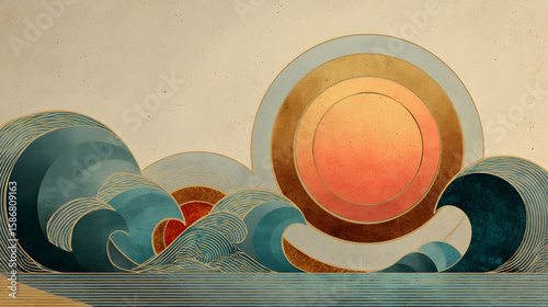 Circular composition of sun, waves, and sand drawn with geometric curves
