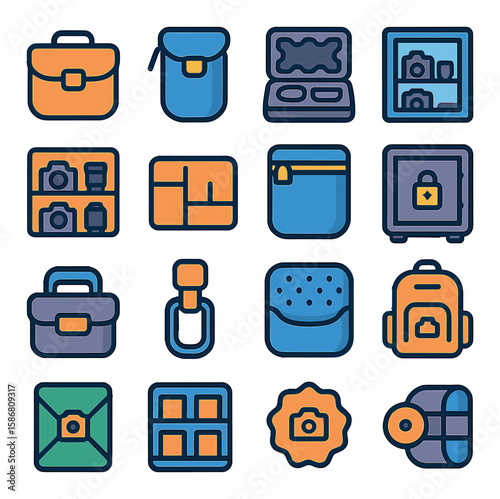 Camera storage icon collection: photography equipment silhouette. bag, case, backpack, safe, lock, organizer