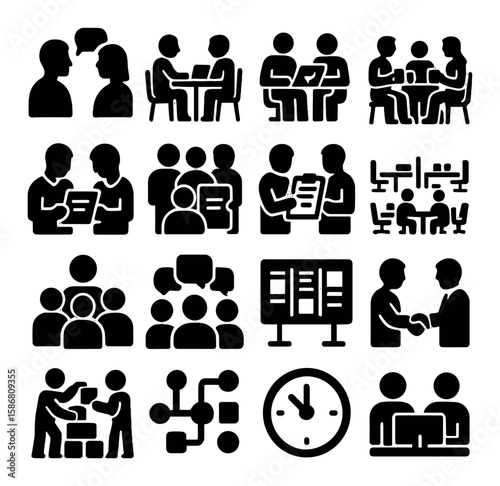 Office teamwork icon collection. simple group collaboration, meeting, brainstorming, workflow, silhouette