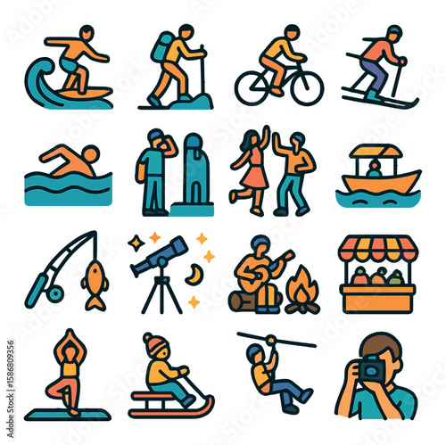 Vibrant holiday activity icon collection. simple linear surfing, hiking, cycling, skiing, swimming, sailing, fishing, stargazing, camping, market, photography