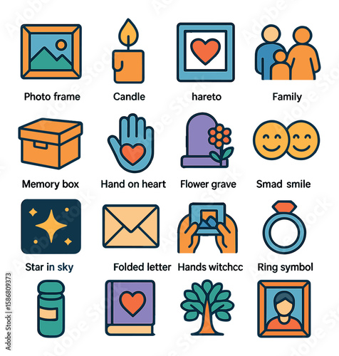 Family memory icon collection: flat style. photo frame, candle, heart, family, box, tree