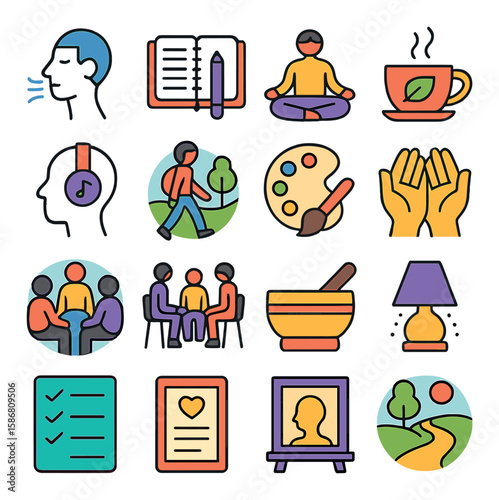 Healing icon collection: wellness, meditation, art, write, nature, relaxation linear