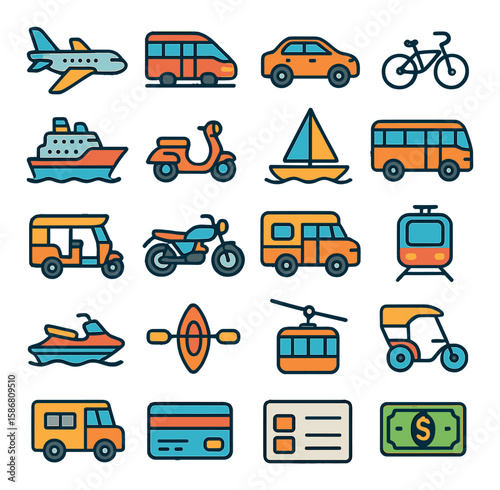 Holiday & e-commerce icon collection: simple linear travel, transport, payment