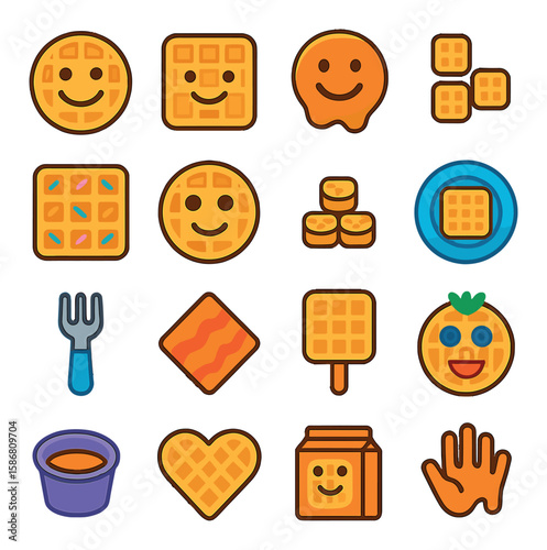 Waffle icon collection. breakfast treats for kids, linear style. smiley, syrup, bacon, fork, heart, hand
