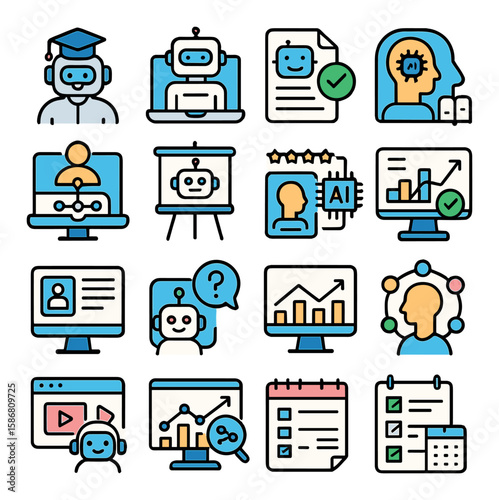 Ai education icon collection. simple learning, online study, chart, robot, reading, quiz, teacher, book, certificate