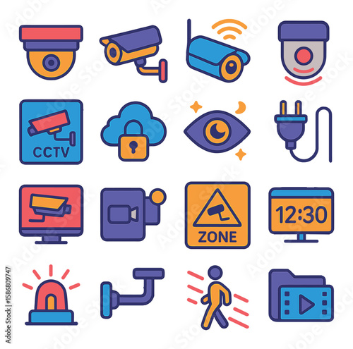 Modern security icon collection. simple linear cctv, camera, lock, alarm, cloud, plug, eye