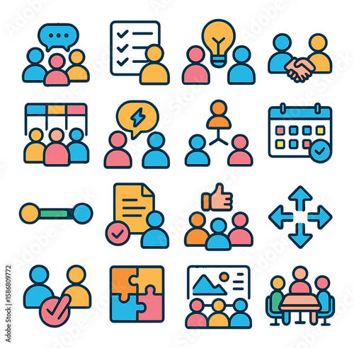 Teamwork icon collection. modern simple collaboration and communication flat icons: team, meeting, idea, checklist, puzzle