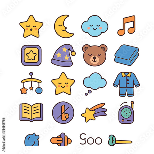 Kids night icon collection. sleepover fun simple icons: star, moon, pajamas, wand, teddy bear