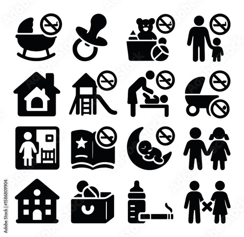 Smoke free child safety icon collection. no smoking, childproof, pacifier, pram, home, silhouette