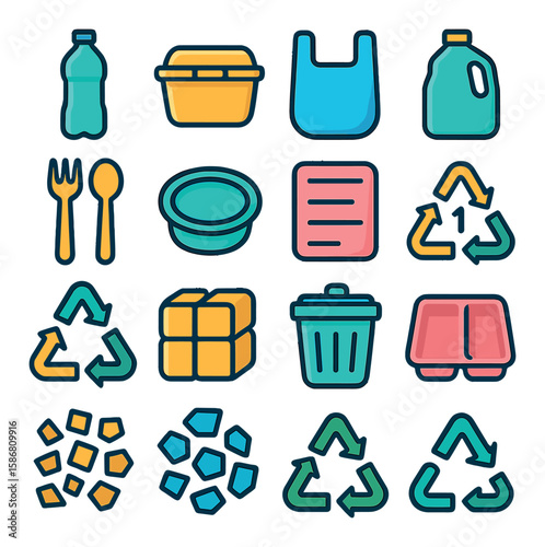 Plastic recycling icon collection. colorful waste symbols: bottle, bag, bin, sorting, utensils silhouette