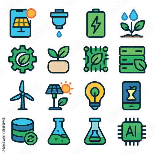 Green tech icon collection: simple linear symbols. solar, battery, plant, energy, wind, leaf, ai
