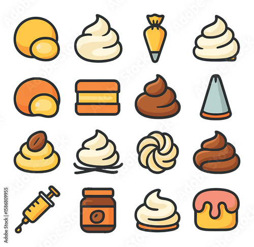 Bakery fillings icon collection: vibrant sweets, simple flat style cream, chocolate, jam