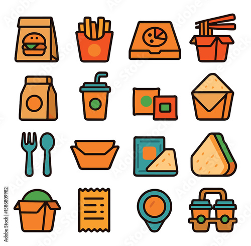 Takeout food icon collection. colorful fast food, packaging, drink icons, delivery, simple style
