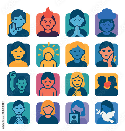 Stages of grief icon collection: emotional journey silhouette set. anger, acceptance, denial, love, peace
