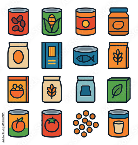Non-perishable food icon collection. simple style: cans, jars, grains, vegetables, and drinks icons