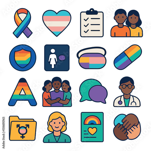 Inclusive care icon collection. lgbtq+ symbols flat style. ribbon, heart, doctor, people, communication