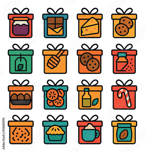 Gourmet gift icon collection. food and drink simple icons: cheese, cookies, tea, jam, honey, candy cane