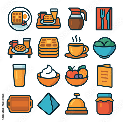 Waffle breakfast essentials icon collection. simple breakfast icons: waffle, coffee, juice, jam, fruit, silverware