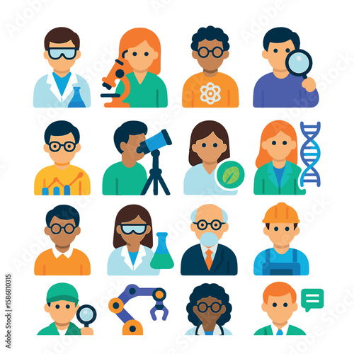Scientific professions icon collection: simple composition flat icons of scientists, microscope, dna, flask,