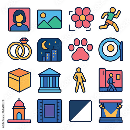 Photography genre icon collection. simple framing, portrait, landscape, running, rings, nightscape, paw prints, target, cube, museum, pedestrian, urban, building, chip, shadow, award