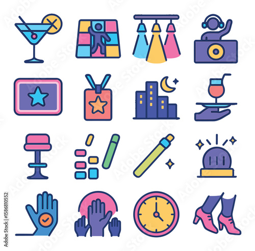 Nightlife icon collection: simple style bar, dance, dj, cocktail, music, club, neon, party