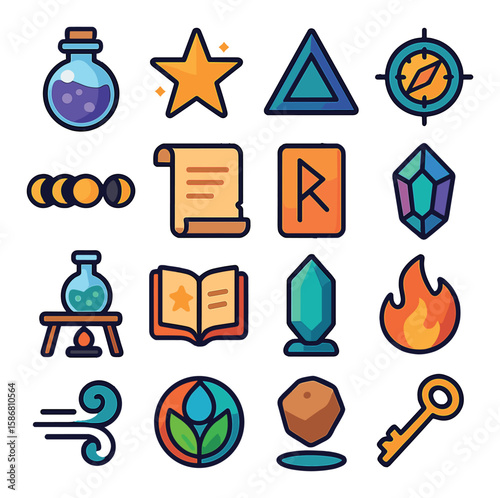 Magic alchemy icon collection. simple alchemical flat icons. potion, star, crystal, fire, scroll