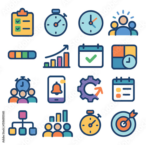 Vibrant productivity icon collection. simple compose tasks, clock, calendar, chart, team