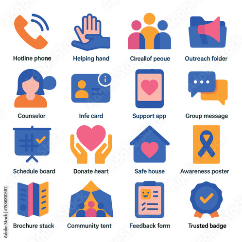 Support icon collection. simple help icons: phone, hand, card, badge.