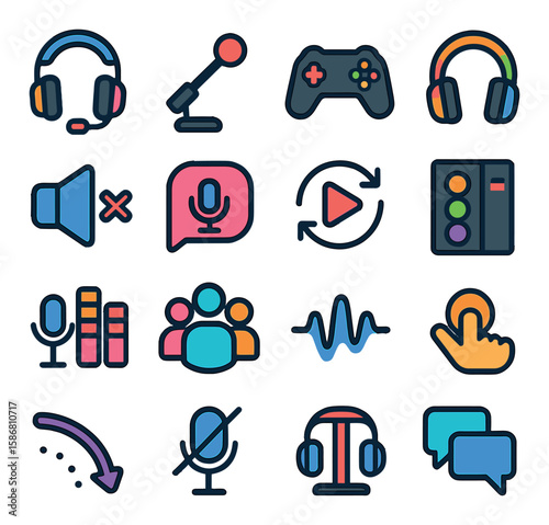 Gaming audio icon collection. simple headset, microphone, gamepad, speaker, volume, waveform