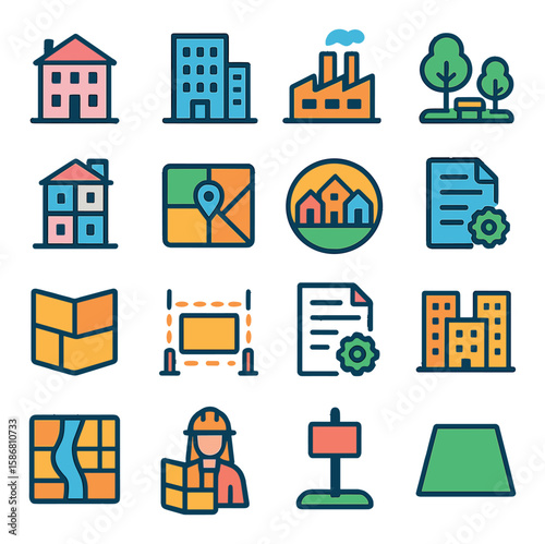 Zoning and land use icon collection. simple compose buildings, map, factory, tree, document, worker, sign silhouette