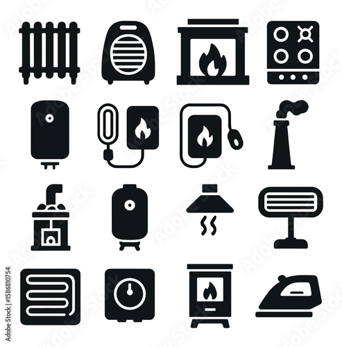 Heating appliances icon collection. simple silhouette heaters, fireplace, stoves, boiler, iron