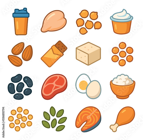High protein diet icon collection. food, nutrition, flat: chicken, eggs, tofu, salmon, protein shake