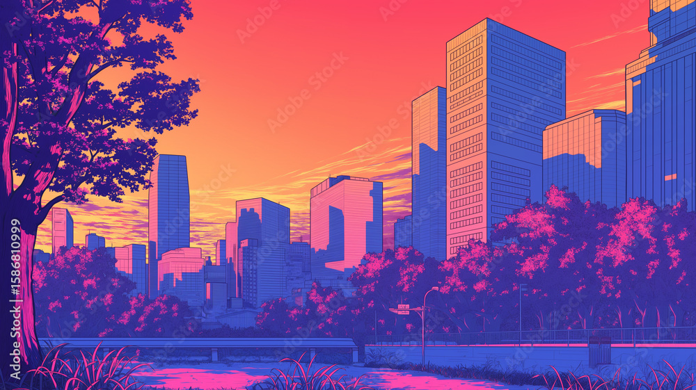 Fototapeta premium 静まり返った真夜中の都市を彩るネオンライトと高層ビルの窓明かり|1980年代レトロアニメ調のタッチで描かれた、昭和と近未来が交差するような幻想的な夜の都会イラスト素材