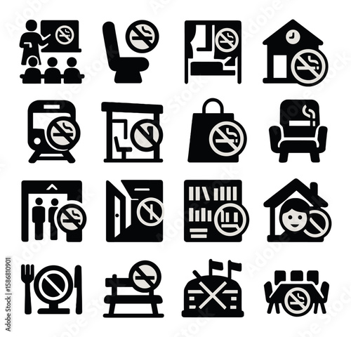 No smoking icon collection. public places silhouette style. transport, dining, home, school, library