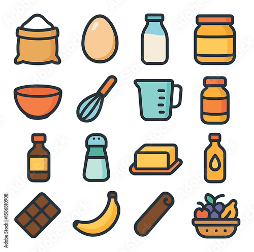 Waffle ingredients icon collection. cooking elements simple style: egg, milk, sugar, whisk, bowl, butter, salt, vanilla, banana, cinnamon