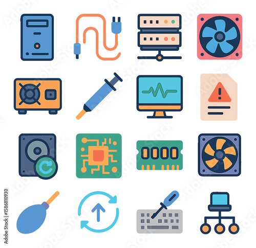 Vibrant it icon collection: simple flat server, cpu, keyboard, monitor, cable