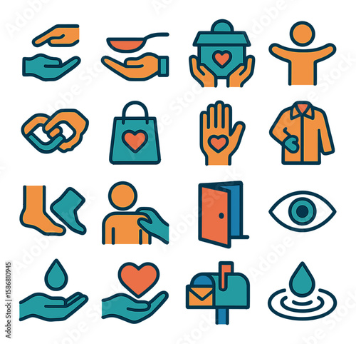 Compassion icon collection. care, empathy, giving, heart, hand, support, flat