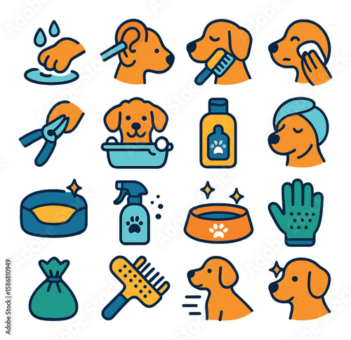 Dog grooming icon collection. pet care simple icons: brush, bath, shampoo, clippers, bowl