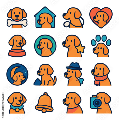 Modern dog icon collection: simple dog, bone, house, heart, paw, hat, bell
