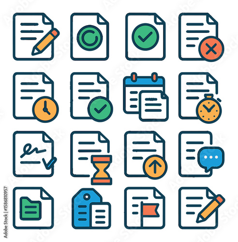 Document status icon collection. simple linear style: edit, approval, time, calendar, signature, tag, flag