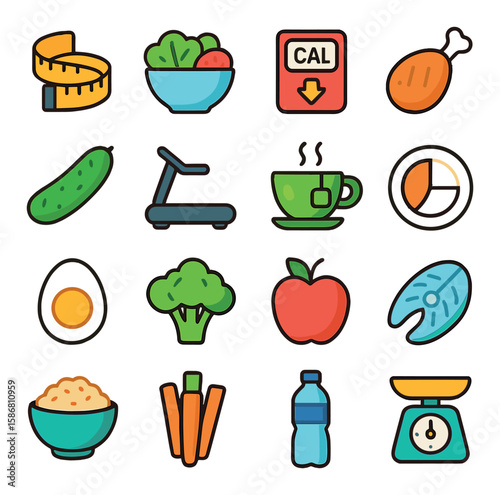 Weight loss diet icon collection: simple flat icons of food, exercise, scale, water, healthy eating