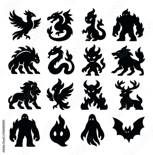 Mythical fire icon collection. dark creature silhouette icons: phoenix, dragon, hydra, werewolf, demon,