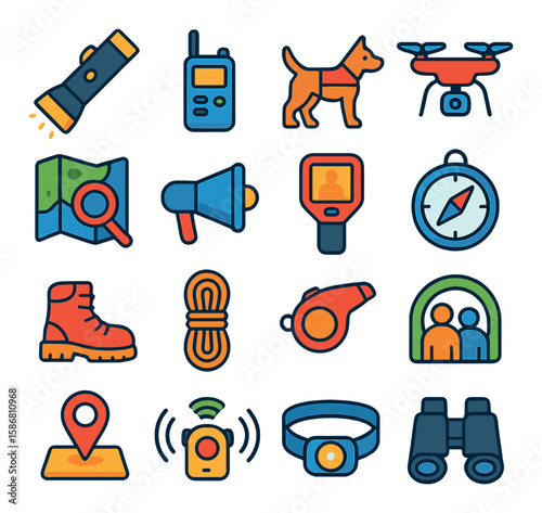 Search tools icon collection. simple linear icons: map, compass, megaphone, drone, whistle