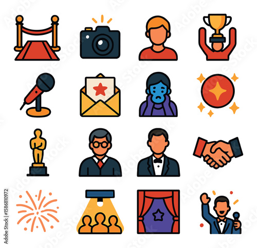 Award show icon collection. celebration simple style. trophy, camera, microphone, stage, curtain