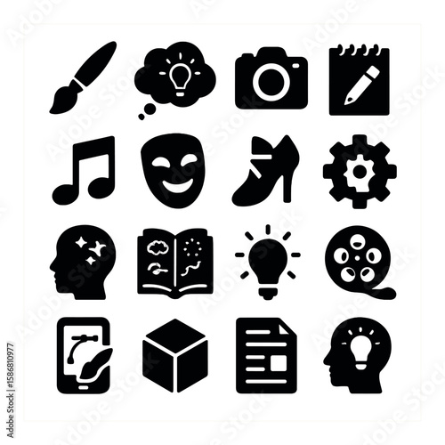Creative silhouette icon collection. art, music, camera, book, ideas, shoe, cube