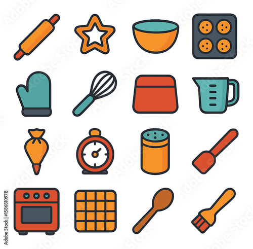 Baking tools icon collection. simple kitchen tools flat style. rolling pin, whisk, oven, measuring cup, pastry bag