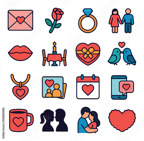 Romantic icon collection. love, heart, rose, ring, couple, kiss, date, simple