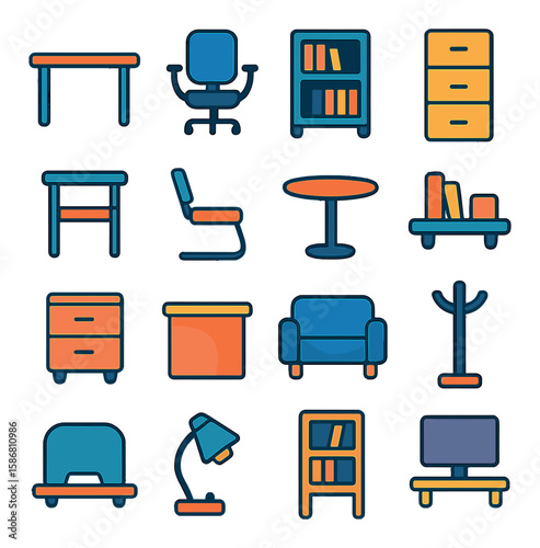 Office furniture icon collection. simple desk, chair, lamp, shelf, table, cabinet